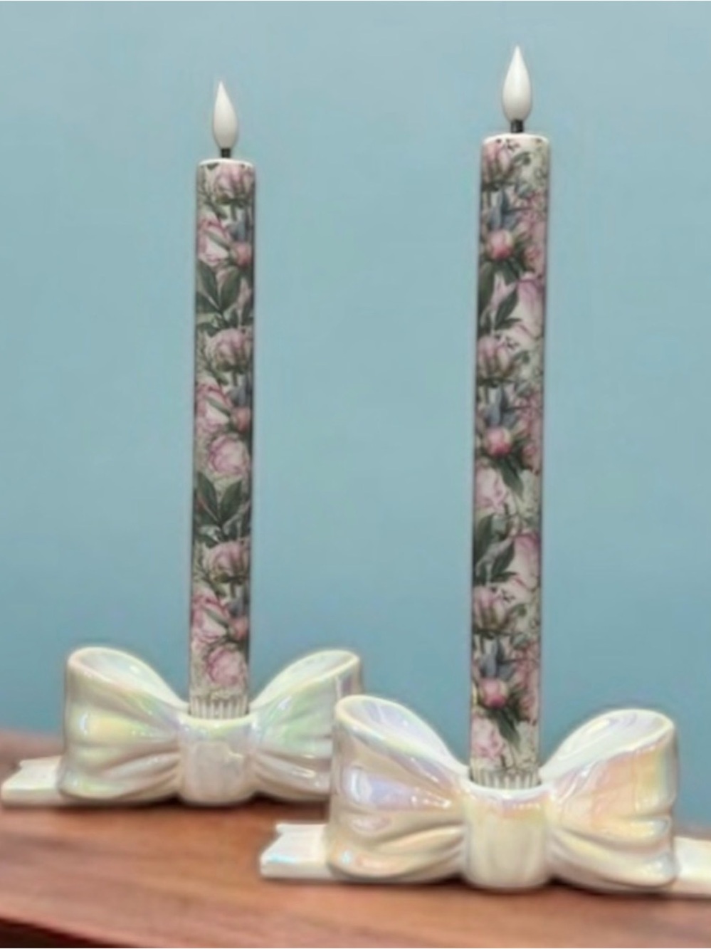 2 Iridescent White Bow Taper Holders